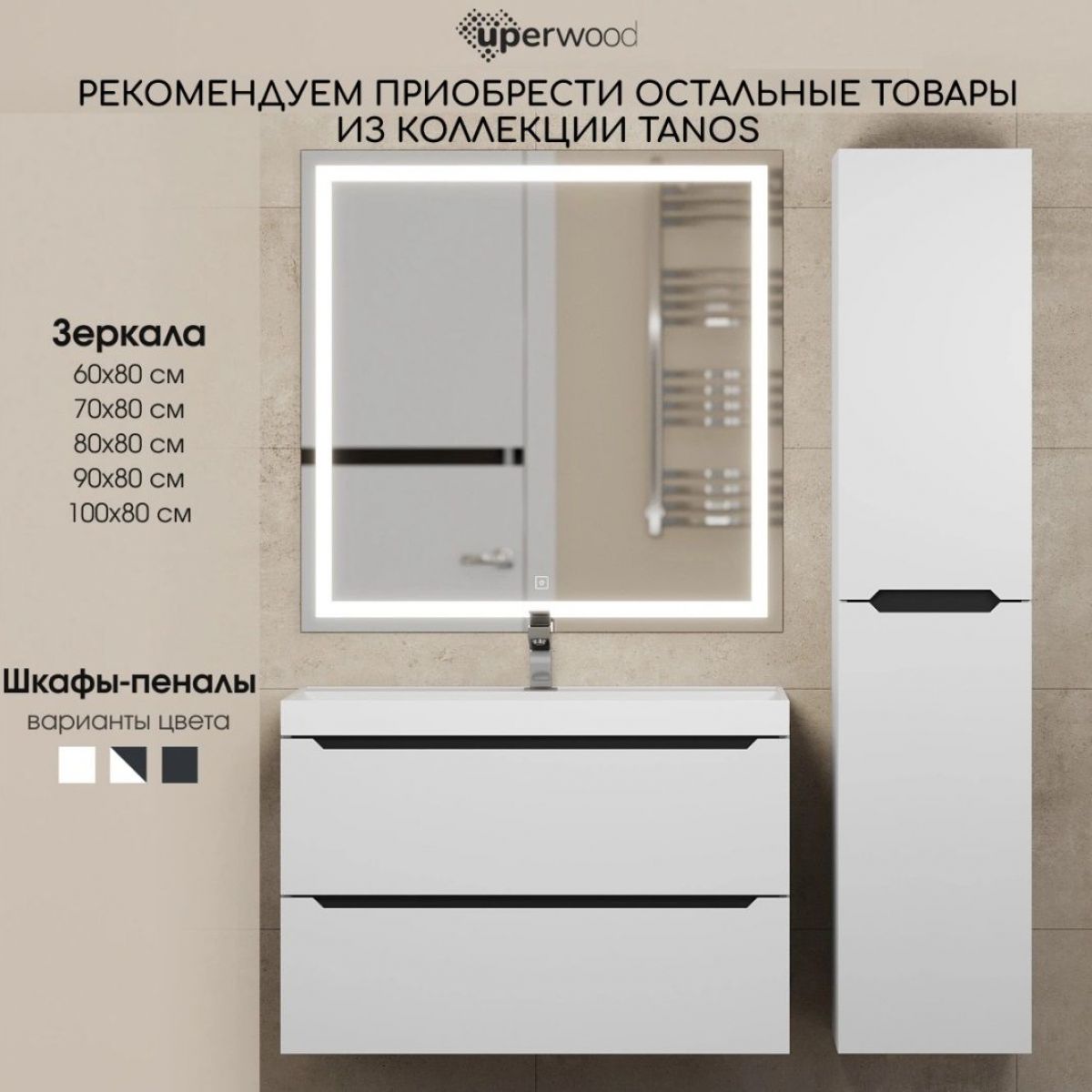 Тумба под раковину Uperwood Tanos 80 см, подвесная, белая/графит | фото 11