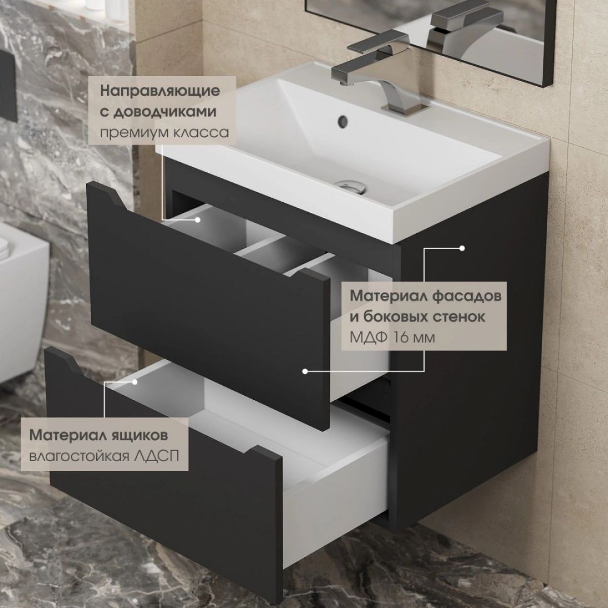 Тумба под раковину Uperwood Tanos 50 см, подвесная, черная матовая | фото 5